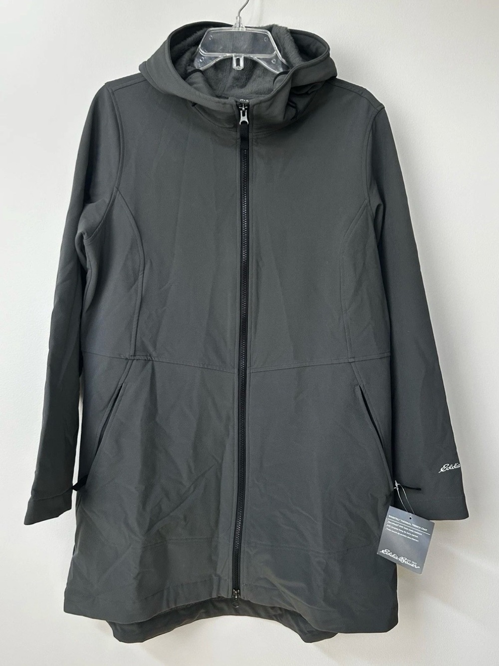 Nwt Women's L Eddie Bauer Windfoil Thermal Hooded Trench Coat Charcoal Stretch